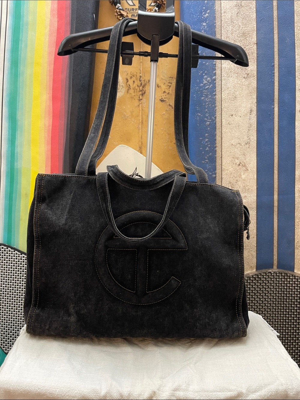 Medium Black Denim Telfar Shopping Bag